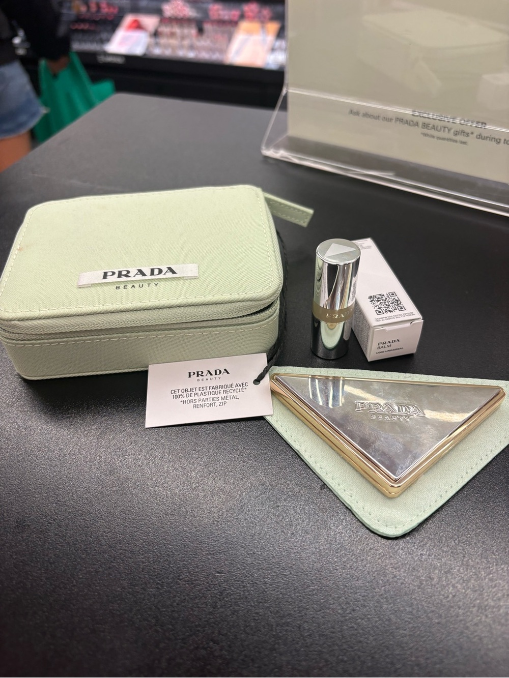🆕💄Prada Mint Green Cosmetic Set with Silver-Tone Mirror & Lipstick